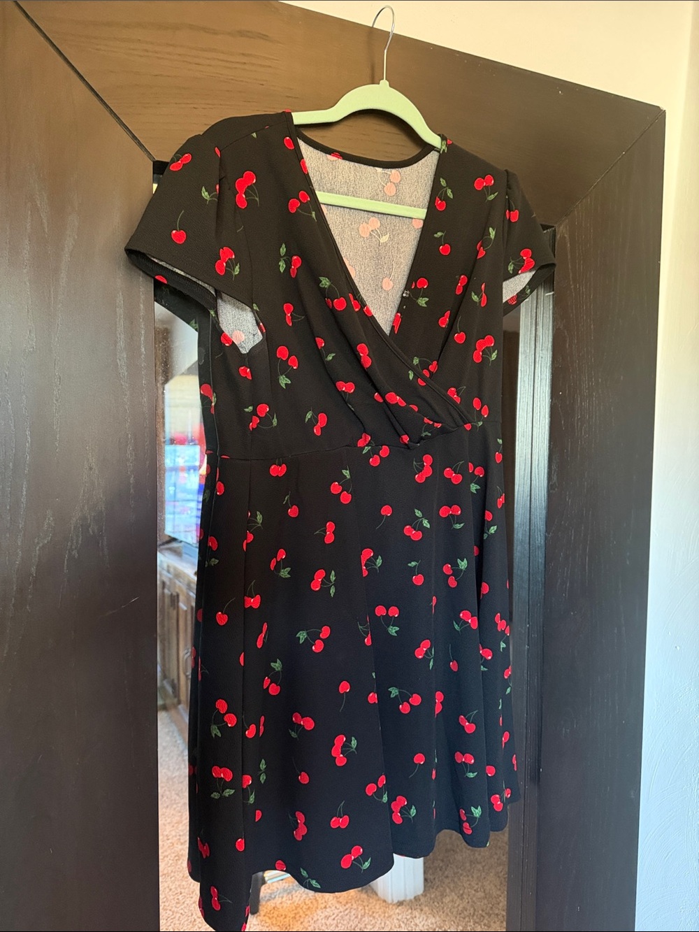 SHEIN Black Cherry-Print Short Sleeve Wrap Dress